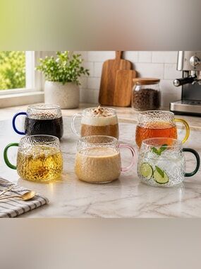 LUXU Hammered Glass Coffee Mugs Set of 6 Color Handle Tea Cups 15 oz